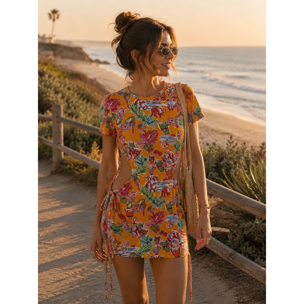 Zara Tropical‎ Monkey Print Cut Out Mini Dress Orange Short Sleeve Small